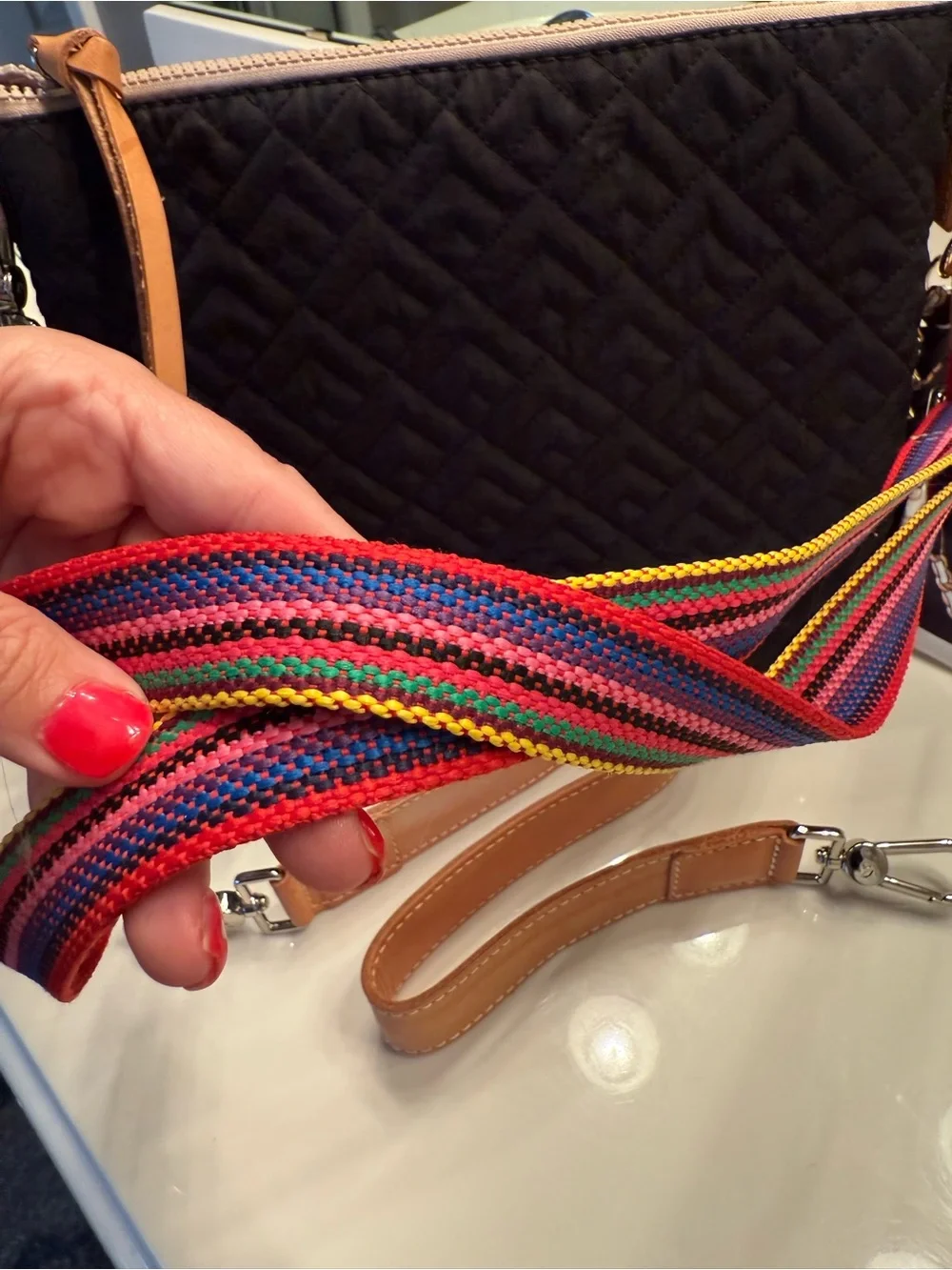 Consuela Black Quilted Crossbody Clutch Rainbow Strap EUC + Accessories - Picture 10 of 13